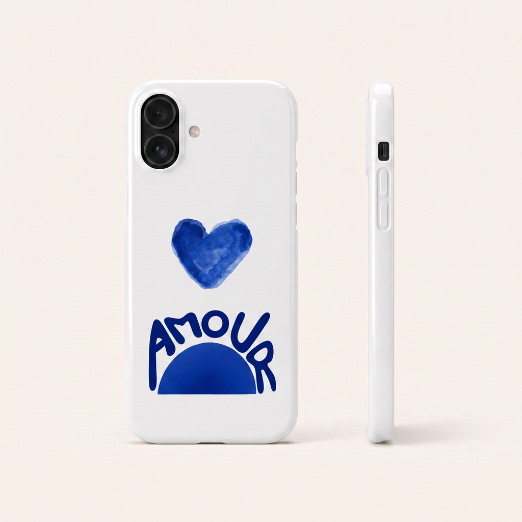 Amour phone case in blue, back and side view