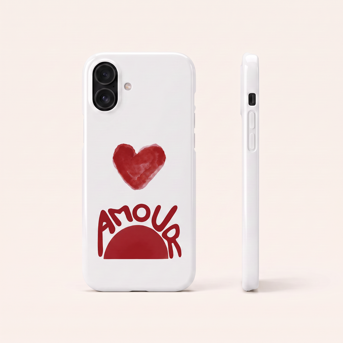 Amour phone case in red, back and side view